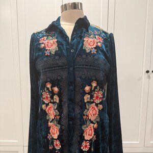 Andree by Unit Teal Velvet Embroidered Button Down Tunic Boho (S)
